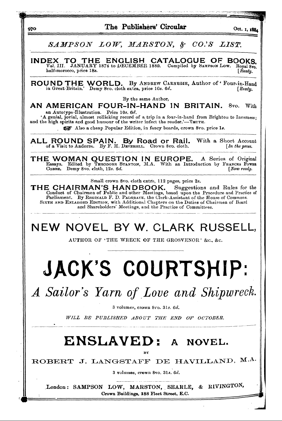 Publishers’ Circular (1880-1890): jS F Y, 1st edition - Ad07401