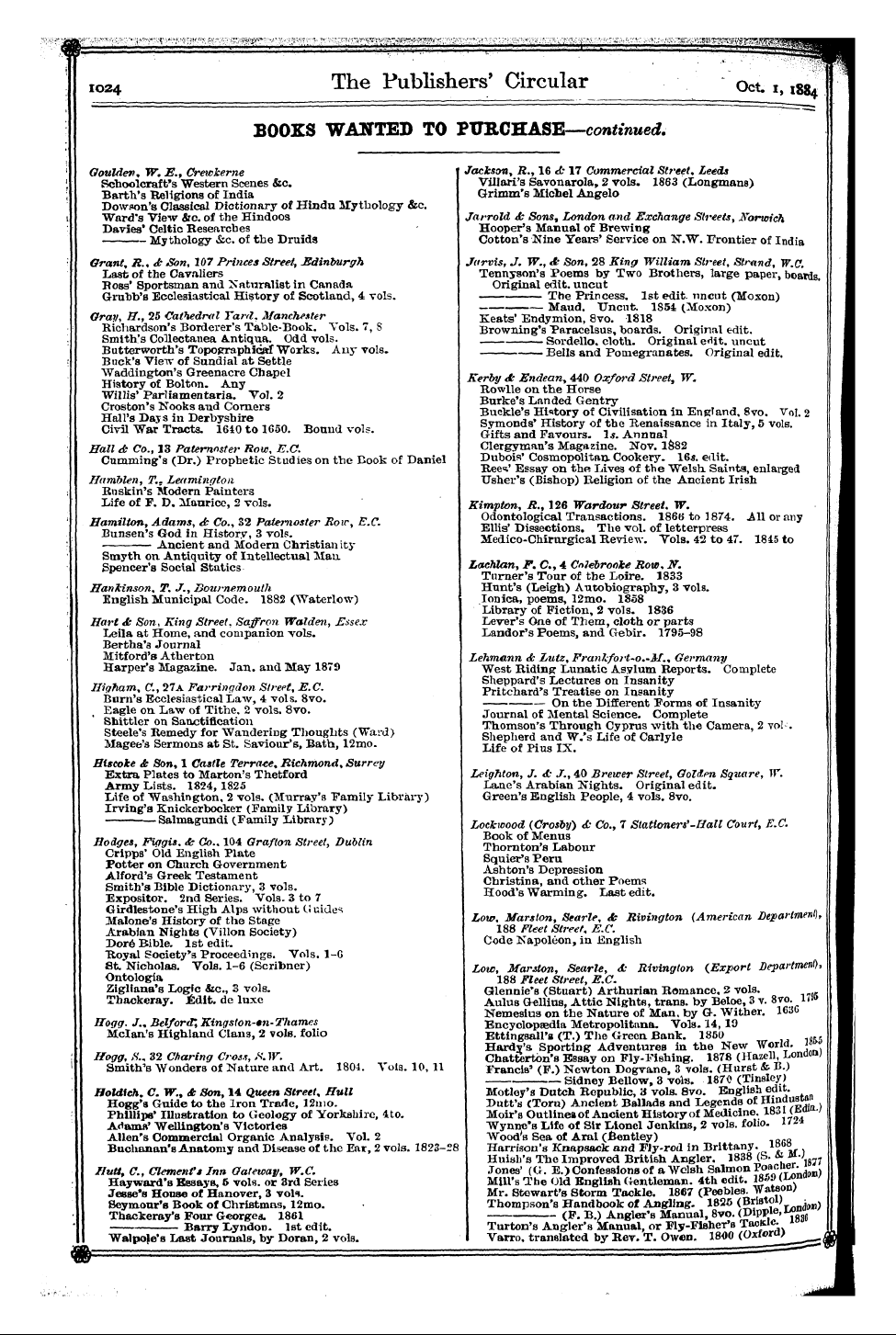 Publishers’ Circular (1880-1890): jS F Y, 1st edition - Acock, J. A., 21 Broad Street, Oxford Fr...