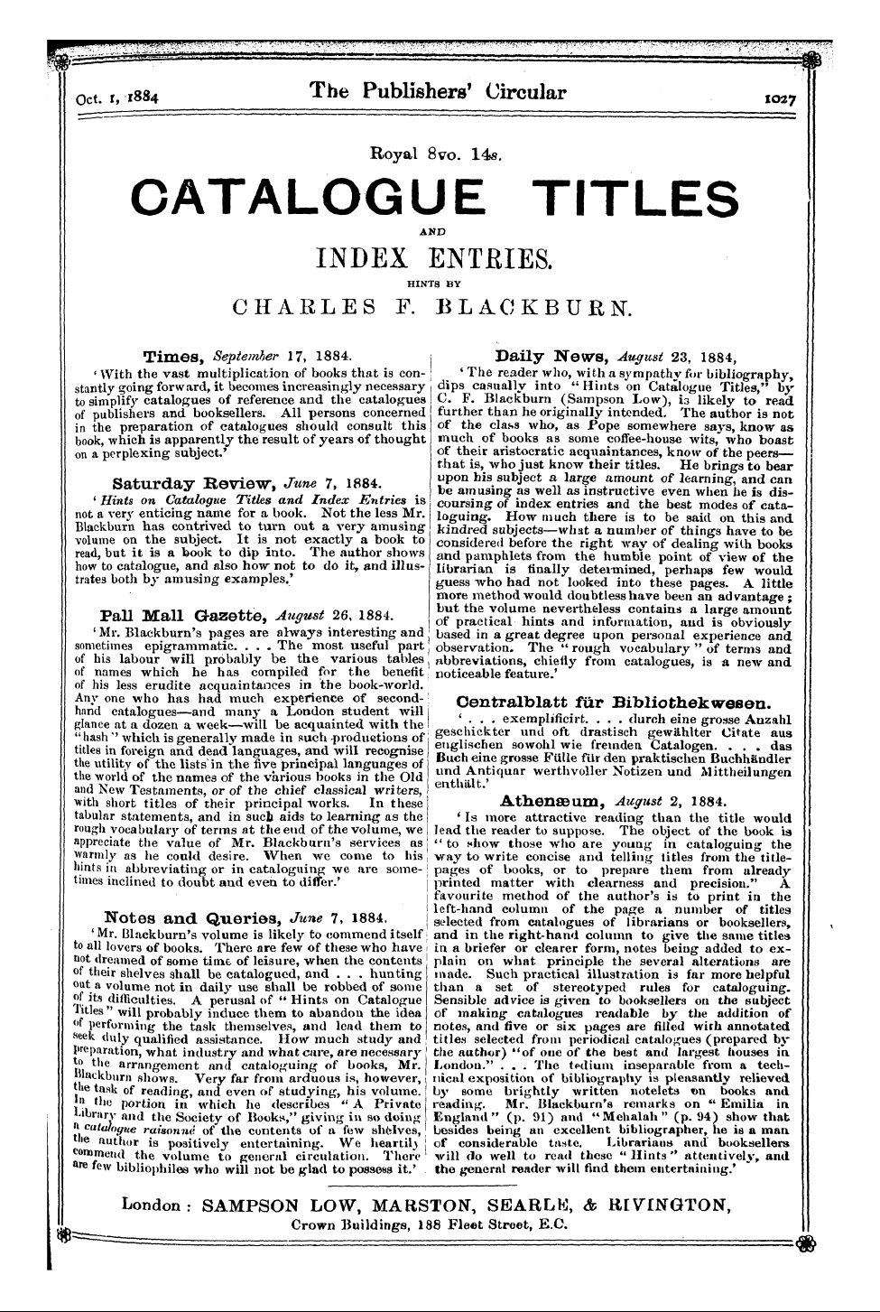 Publishers’ Circular (1880-1890): jS F Y, 1st edition - Ad13101
