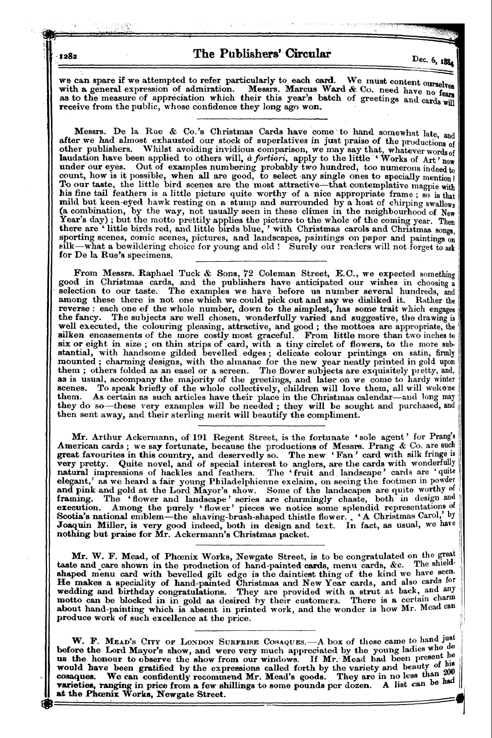 Publishers’ Circular (1880-1890): jS F Y, 1st edition - Christmas And New ~Y Eab Cards, Sachets,...