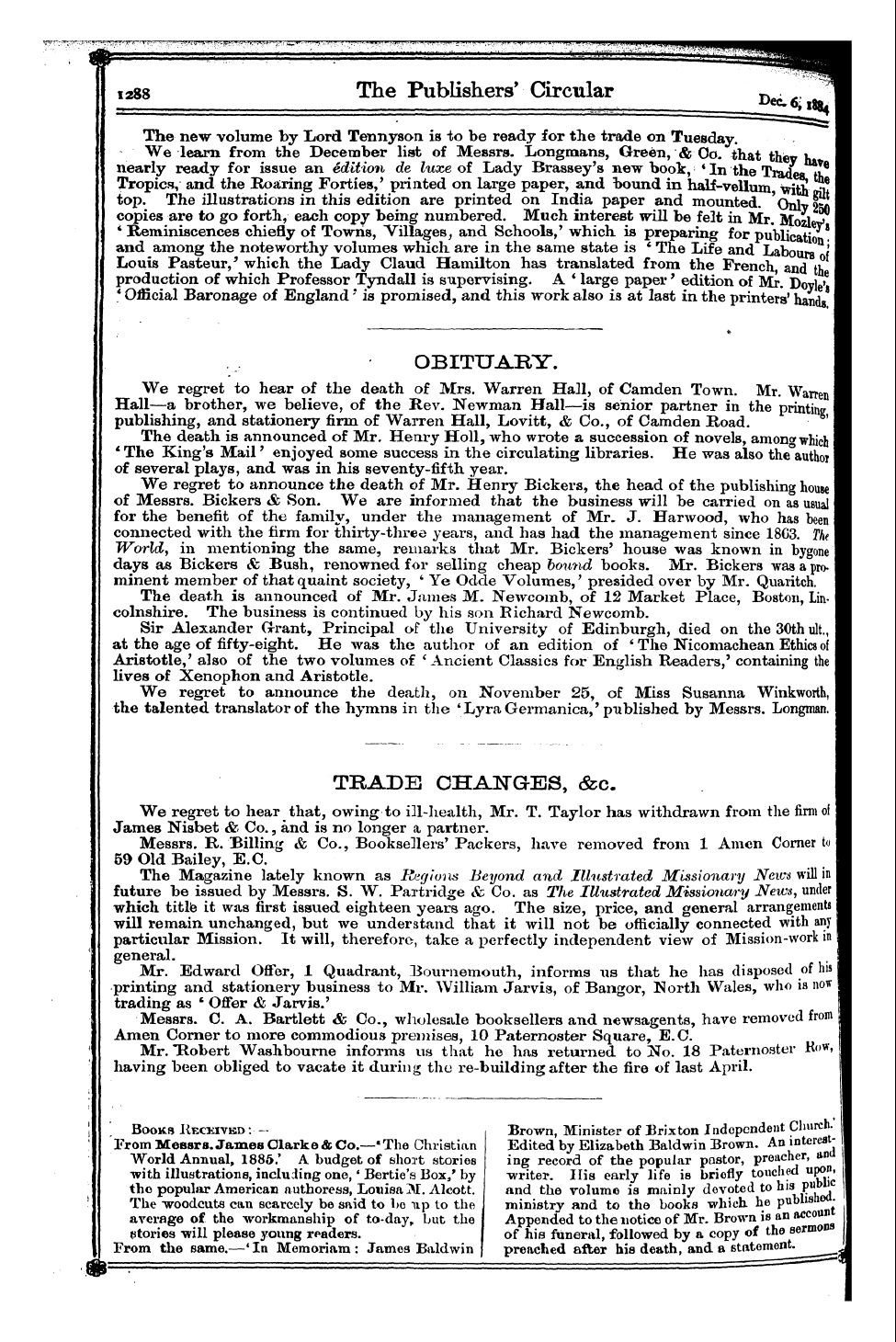 Publishers’ Circular (1880-1890): jS F Y, 1st edition - Obituary. I