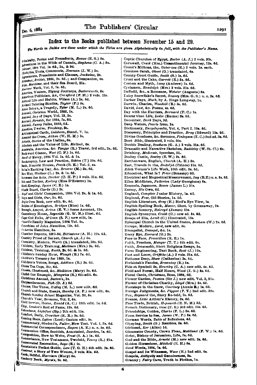 Publishers’ Circular (1880-1890): jS F Y, 1st edition - Index To The Books Published Between November 15 And 29. Fju Words In Italics Are Those Under Which The Titles Are Given Alphabetically In Full, With The Publisher's Name.