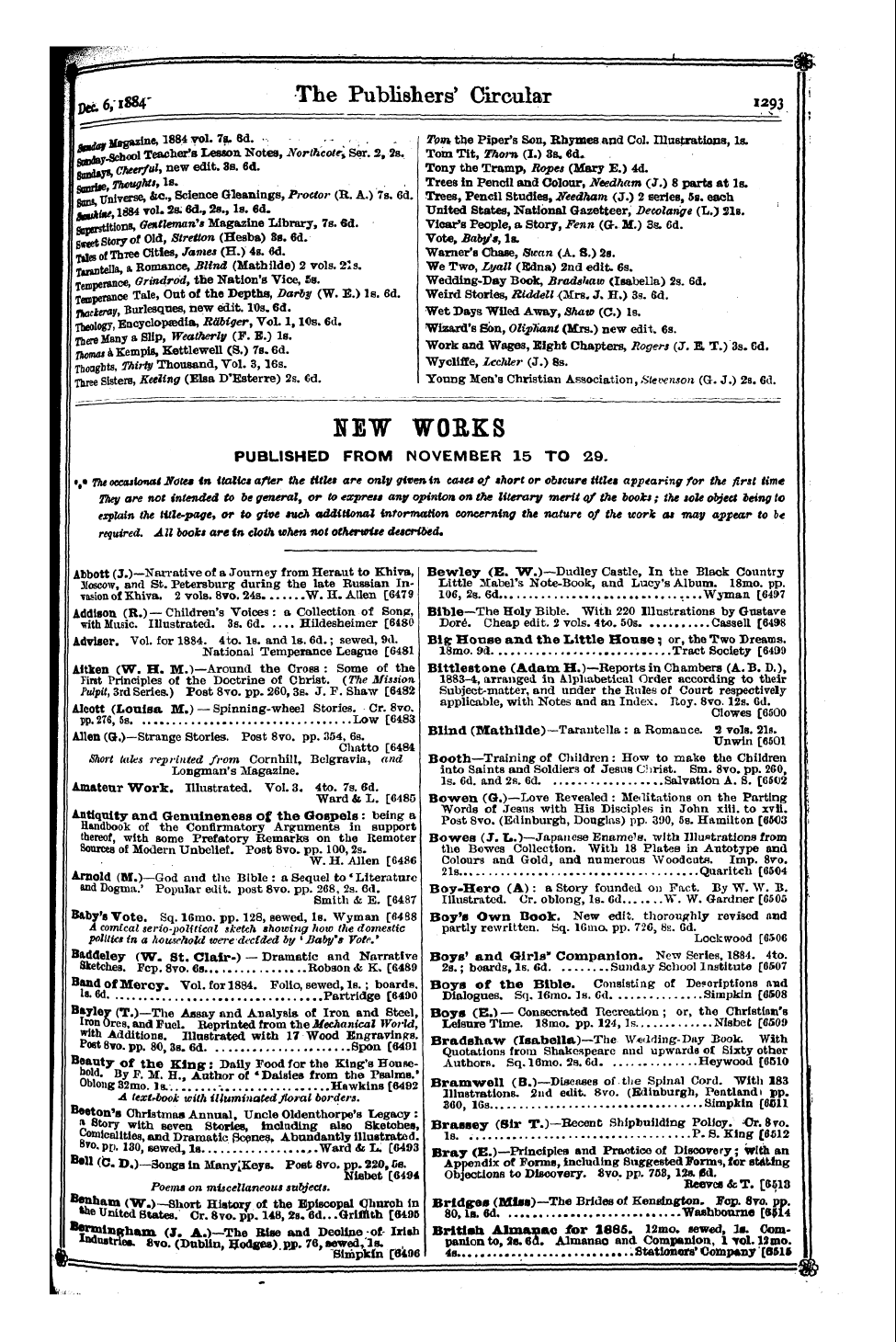 Publishers’ Circular (1880-1890): jS F Y, 1st edition - I Few Works I Published From November 15 To 29.
