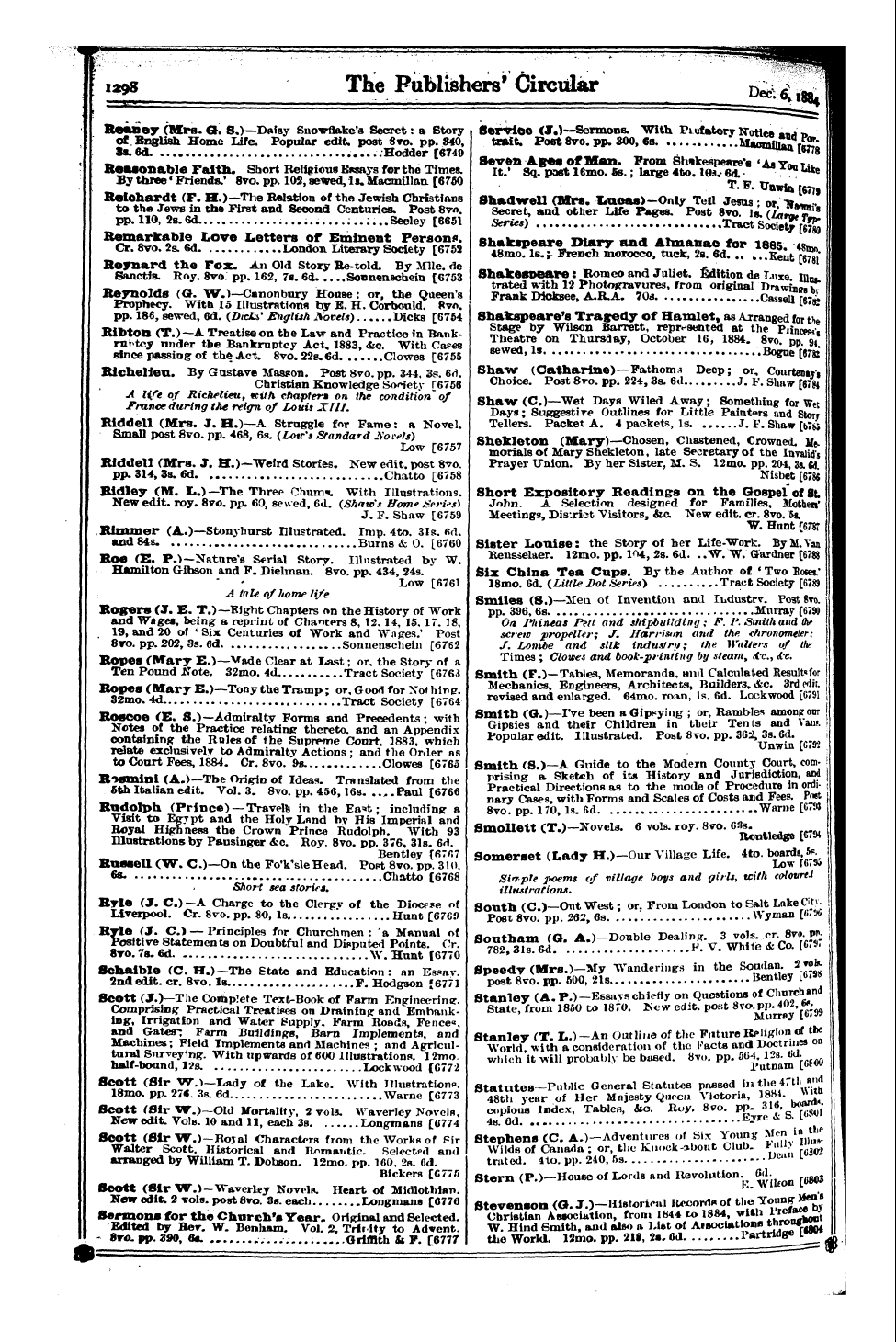 Publishers’ Circular (1880-1890): jS F Y, 1st edition: 58