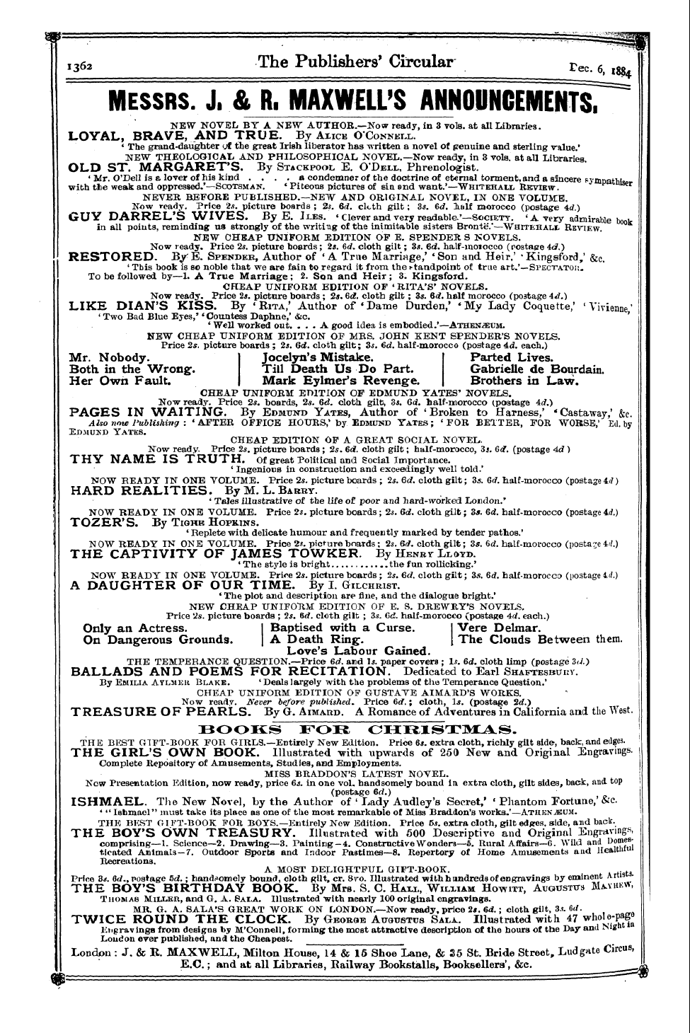 Publishers’ Circular (1880-1890): jS F Y, 1st edition - Ad19001