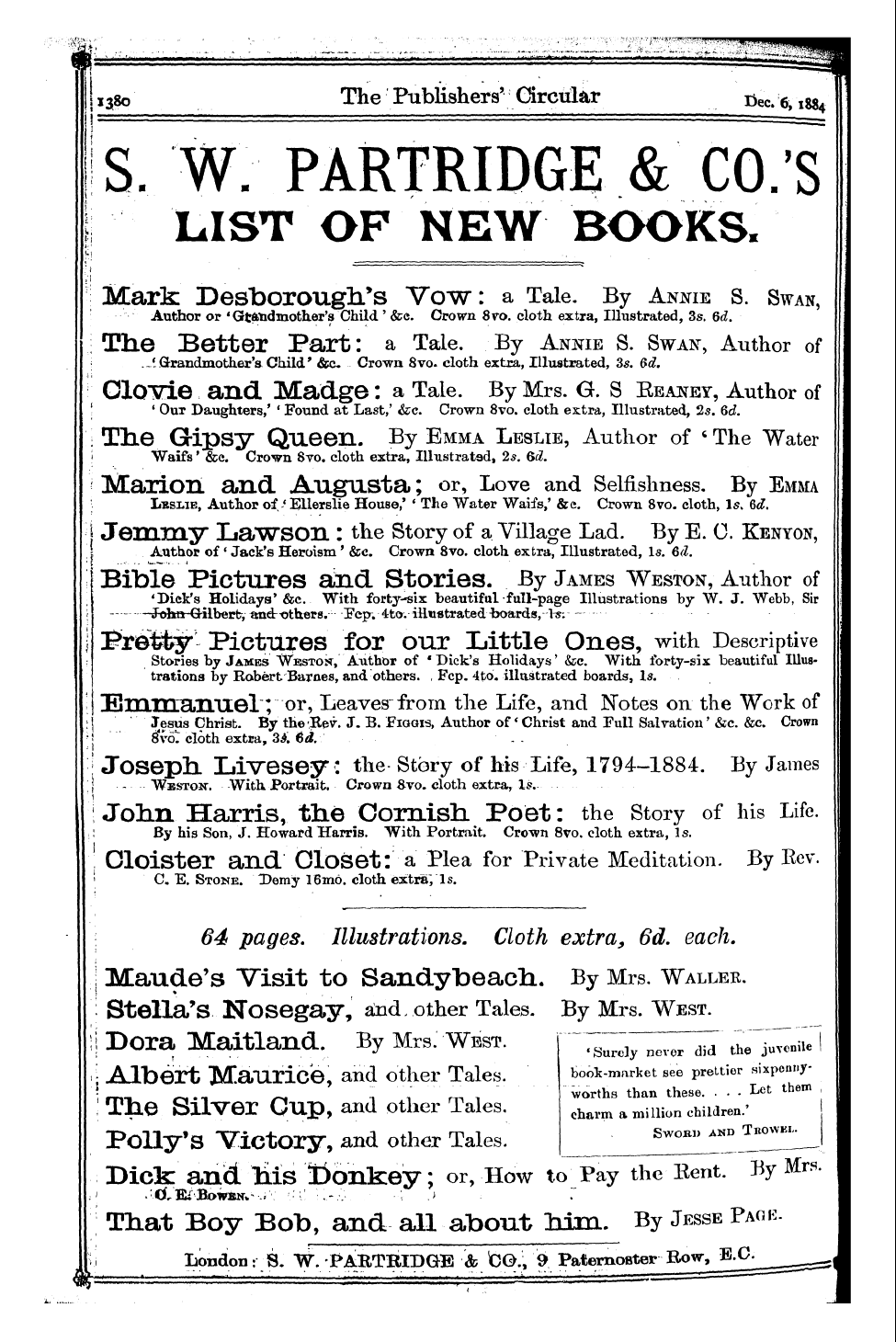 Publishers’ Circular (1880-1890): jS F Y, 1st edition: 232