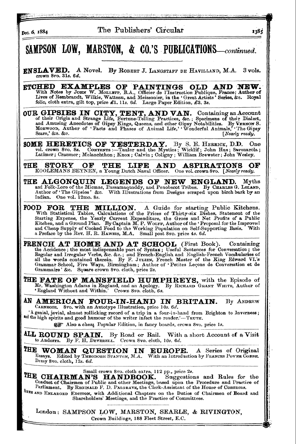 Publishers’ Circular (1880-1890): jS F Y, 1st edition - Ad23601