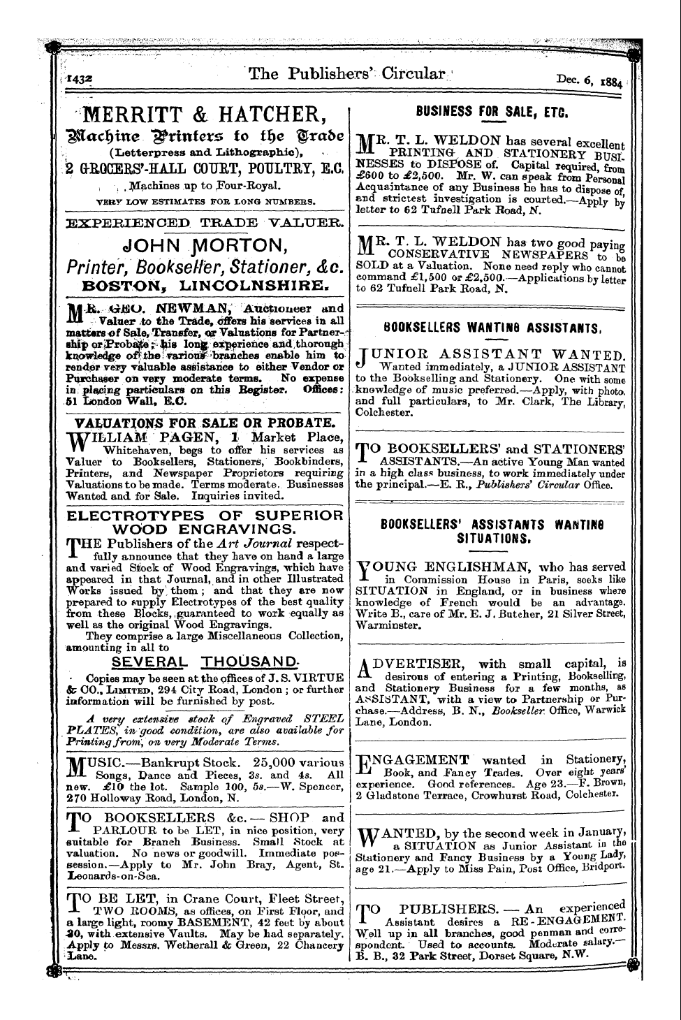 Publishers’ Circular (1880-1890): jS F Y, 1st edition - Booksellers 1 Assistants Wanting Situations.