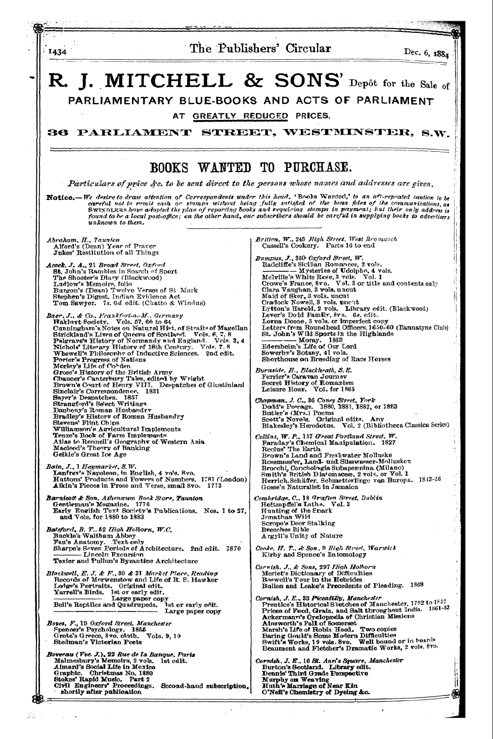 Publishers’ Circular (1880-1890): jS F Y, 1st edition - Books Wanted To Purchase. I