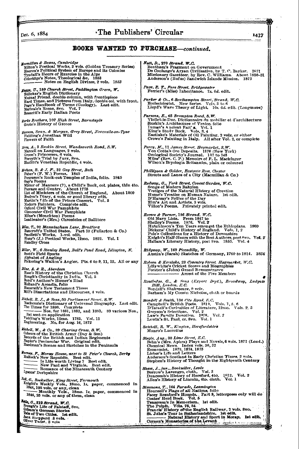 Publishers’ Circular (1880-1890): jS F Y, 1st edition - Books Wanted To Pttrchase — Continued.