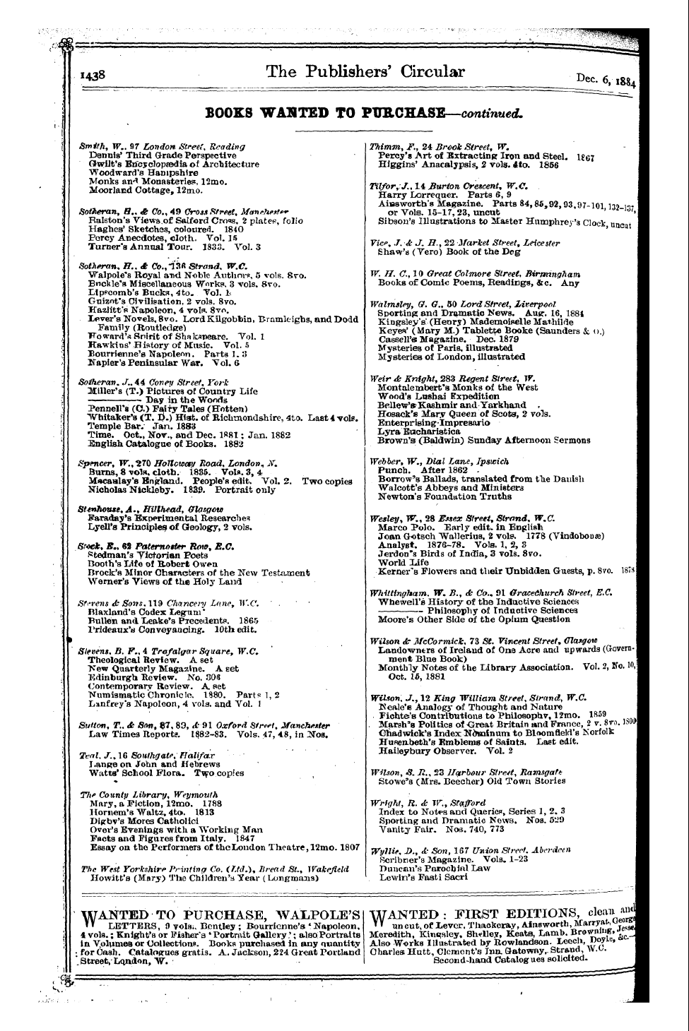 Publishers’ Circular (1880-1890): jS F Y, 1st edition - Ad30203