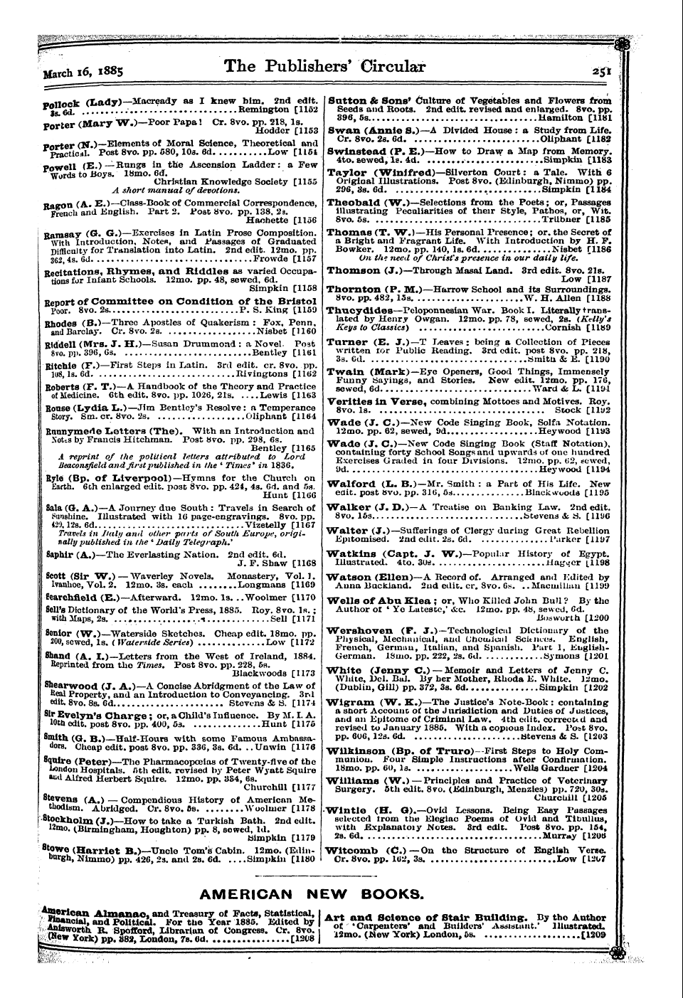 Publishers’ Circular (1880-1890): jS F Y, 1st edition - American New Books.