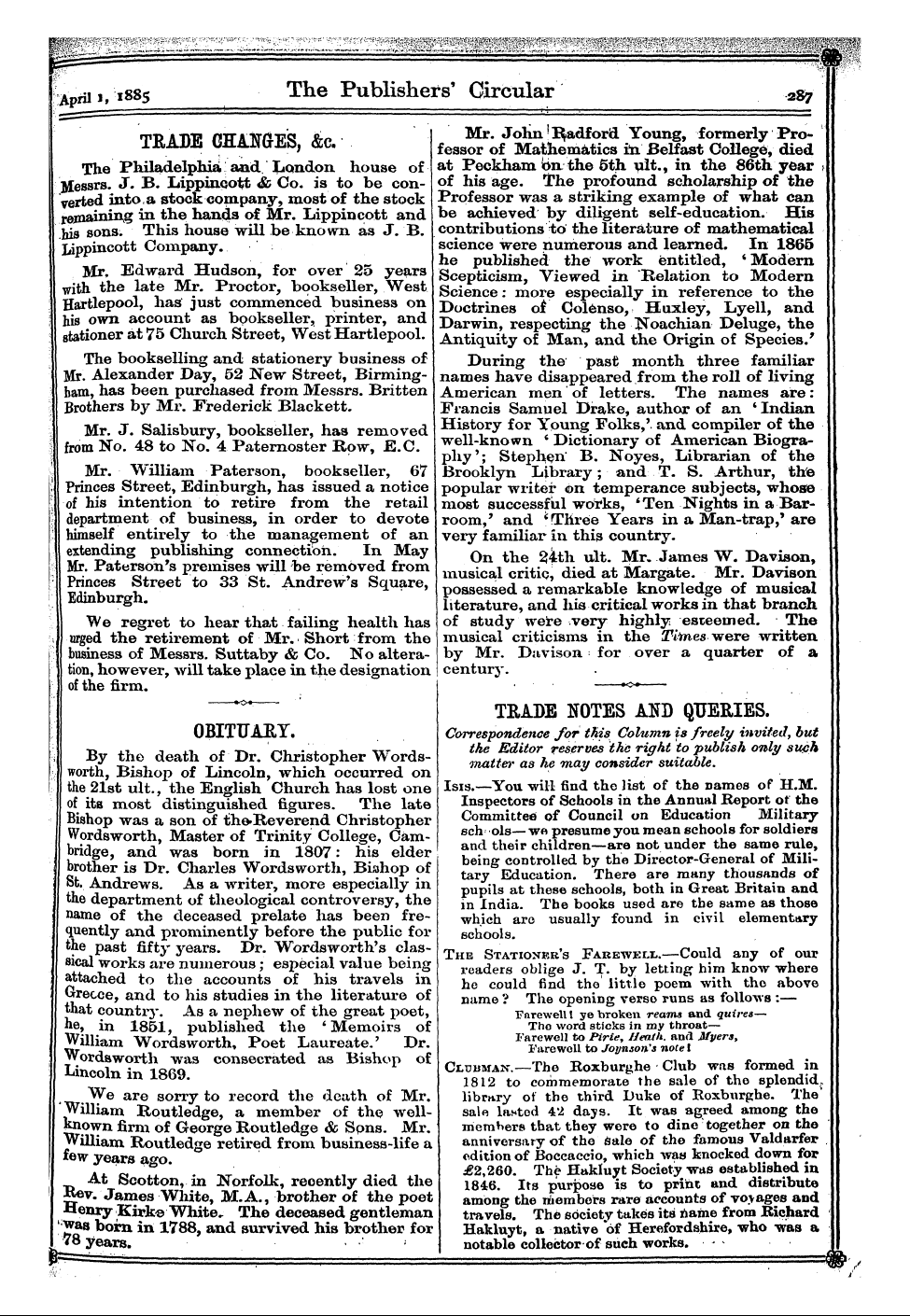 Publishers’ Circular (1880-1890): jS F Y, 1st edition - Obituary.