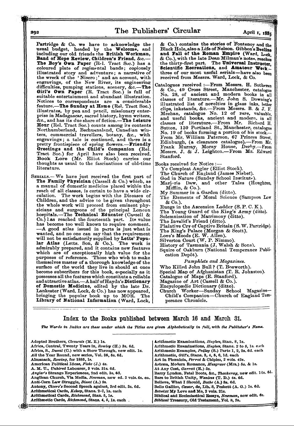 Publishers’ Circular (1880-1890): jS F Y, 1st edition - Index To The Books Published Between March 16 And March 31. The Words In Italics Are Those Under Which The Titles Are Given Alphabetically In Full, With The Publisher's Warns.