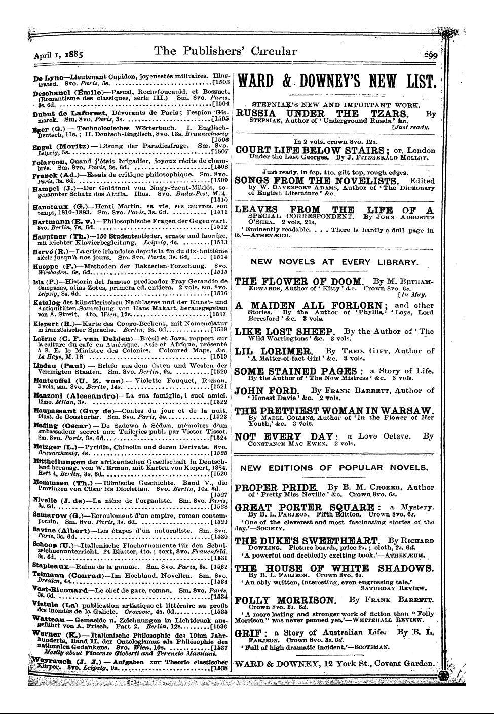 Publishers’ Circular (1880-1890): jS F Y, 1st edition: 19