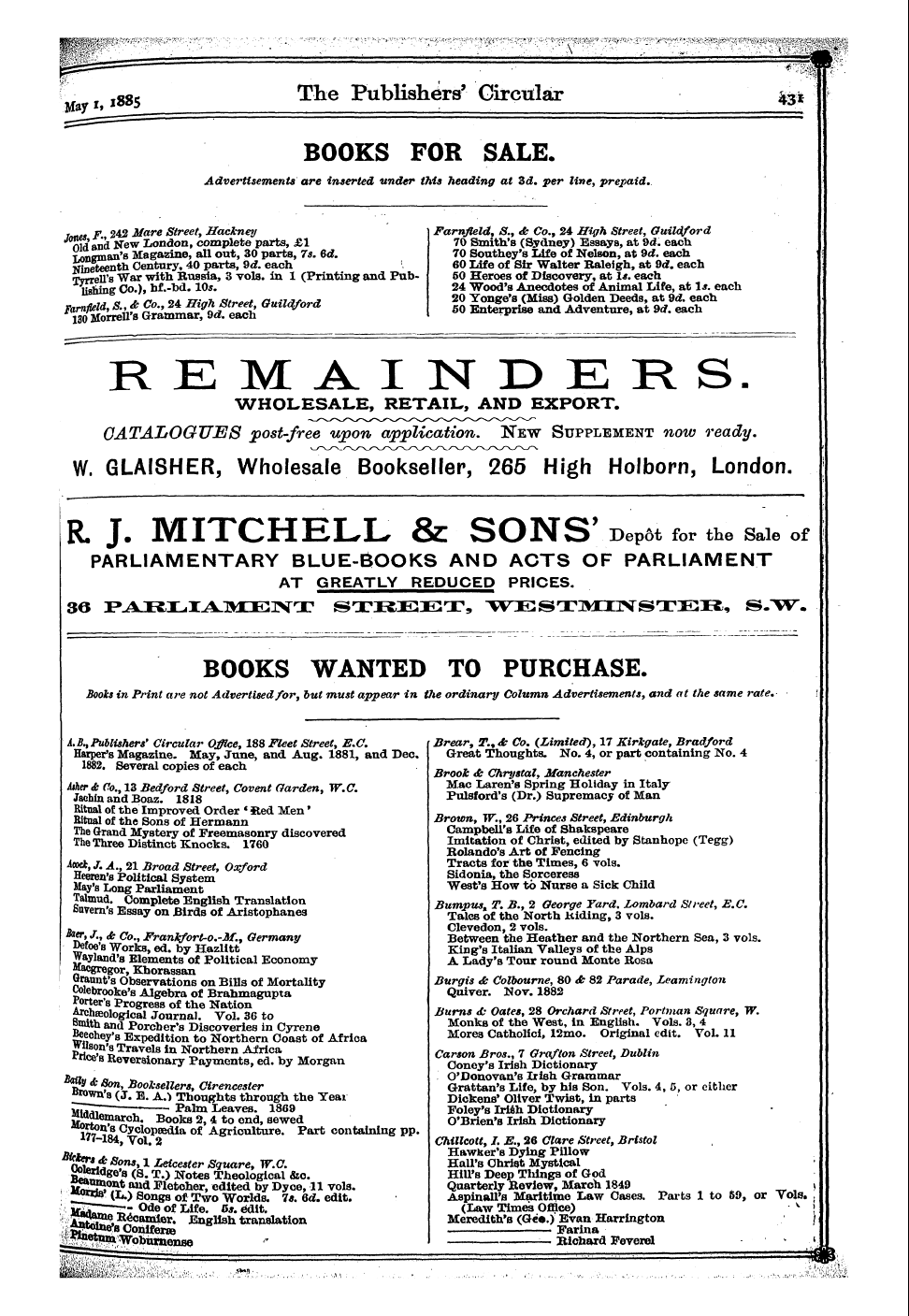 Publishers’ Circular (1880-1890): jS F Y, 1st edition - Tnnes F.242 3/Ar« Street, Hackney Awand ...