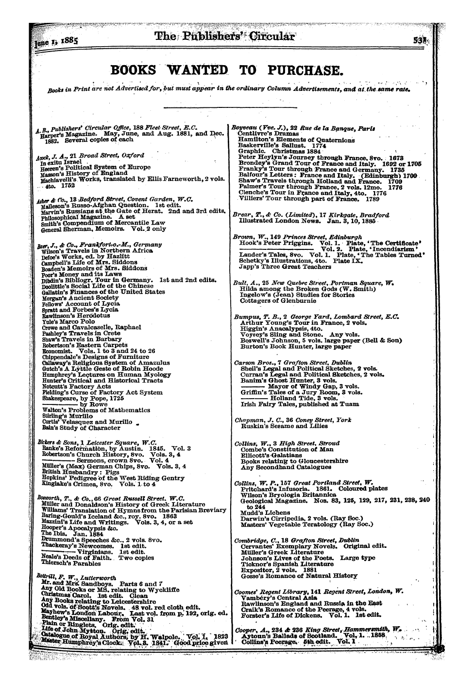 Publishers’ Circular (1880-1890): jS F Y, 1st edition - F Books Walttisd To Purchase. I Books In Print Are Not Advertised Far, But Must Appear In The Ordinary Column Advertisementsand At. The Same Rate. , 