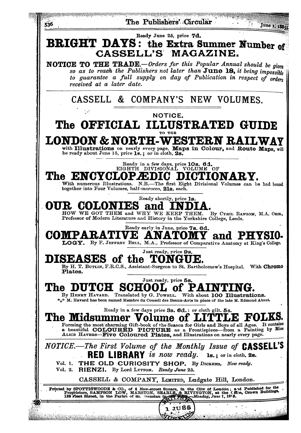 Publishers’ Circular (1880-1890): jS F Y, 1st edition - Printed 1 Proprietors By Spottj , & Samp...