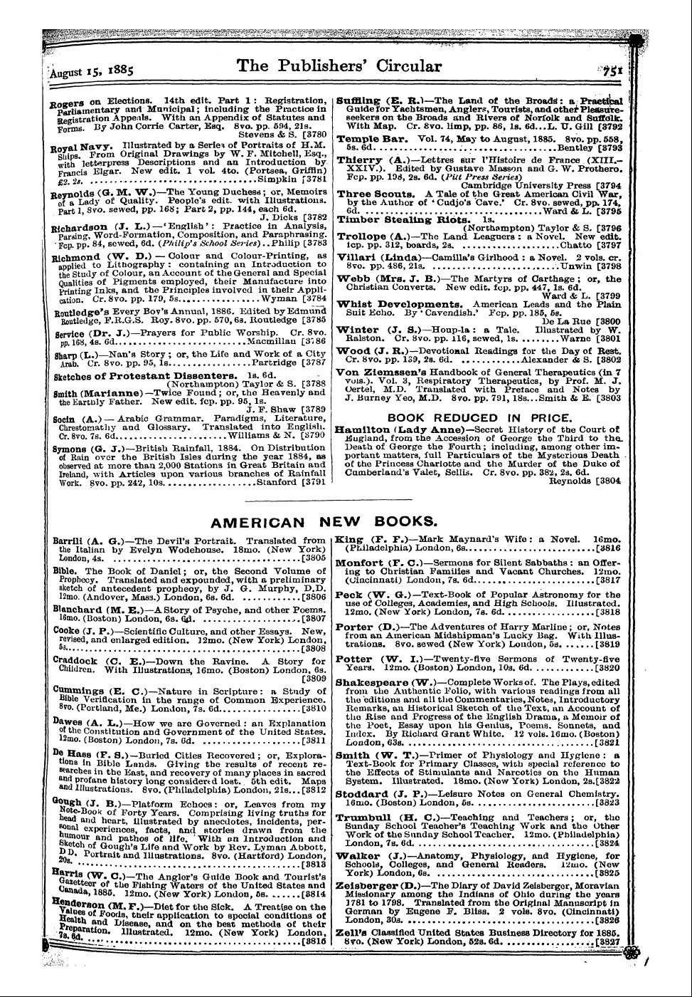 Publishers’ Circular (1880-1890): jS F Y, 1st edition - American New Books.