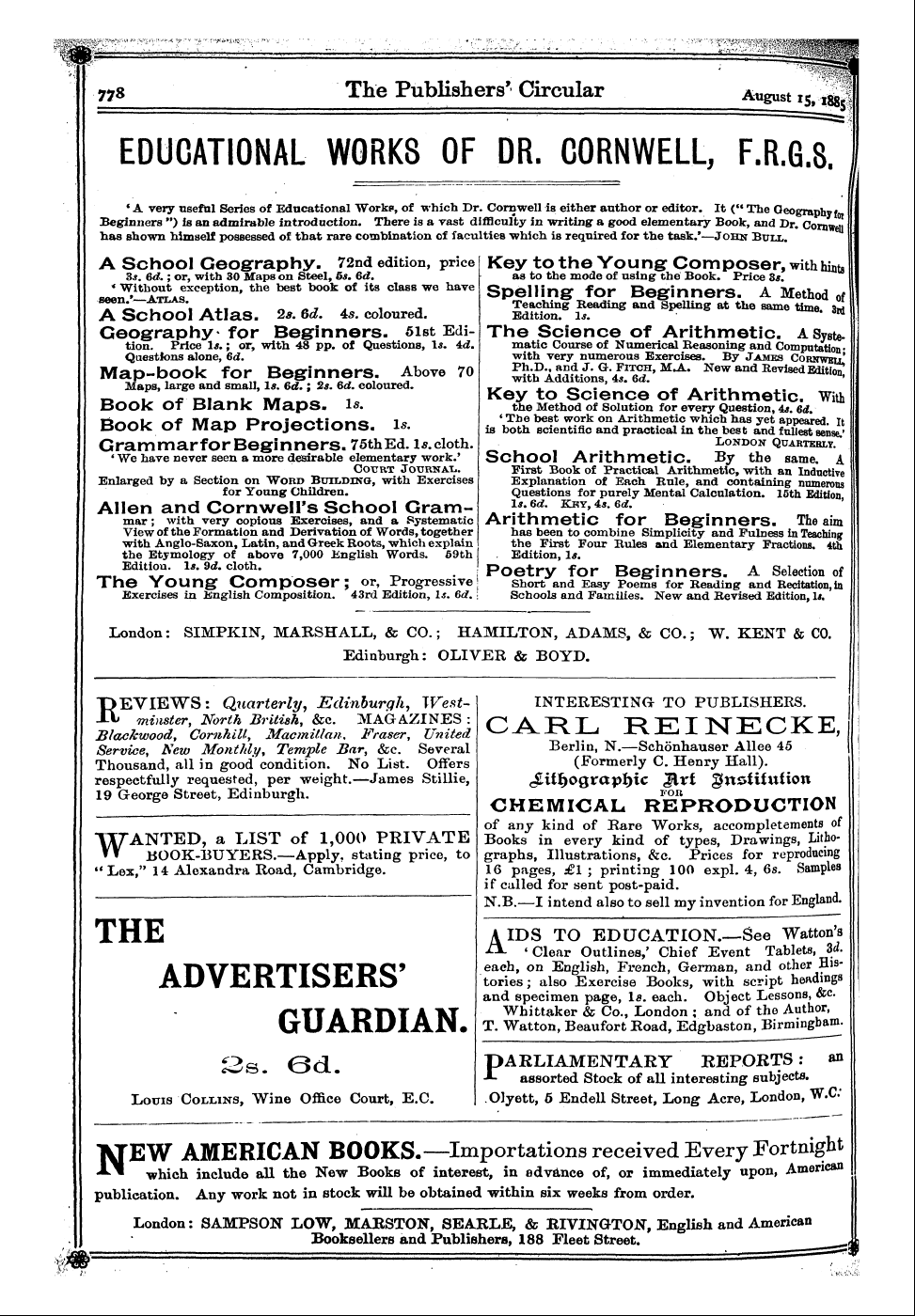 Publishers’ Circular (1880-1890): jS F Y, 1st edition - 778 The Publishers' Circular August 15, ...