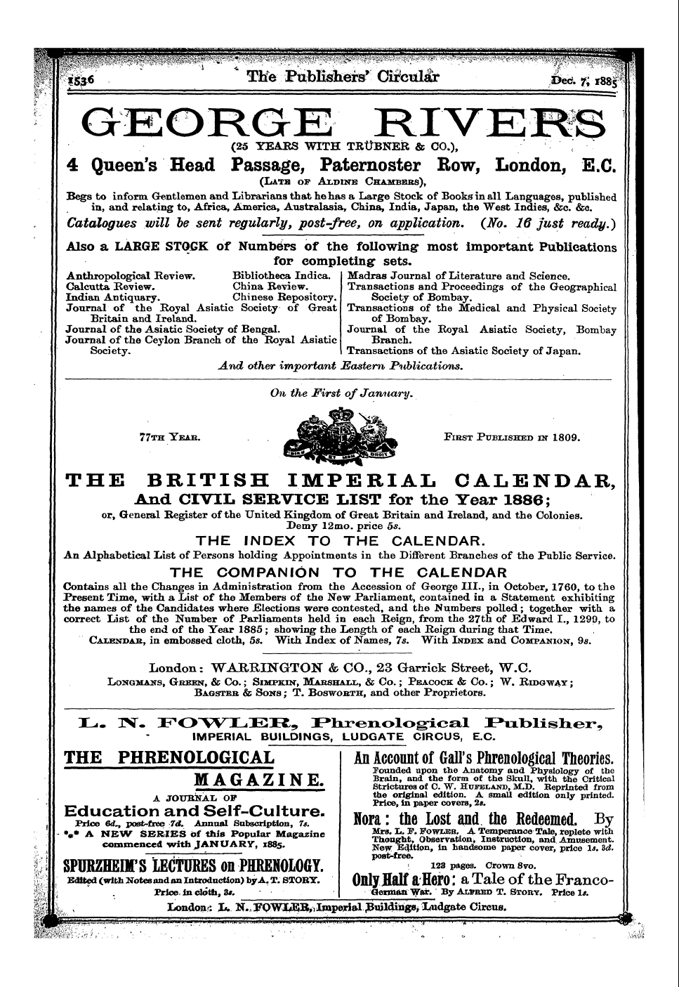 Publishers’ Circular (1880-1890): jS F Y, 1st edition - Ad27602