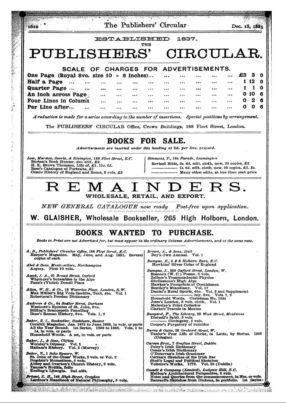 Publishers’ Circular (1880-1890): jS F Y, 1st edition - Books For Sale. Advertisements Are Inserted Under This Heading At 3d. Per Line, Prepaid.