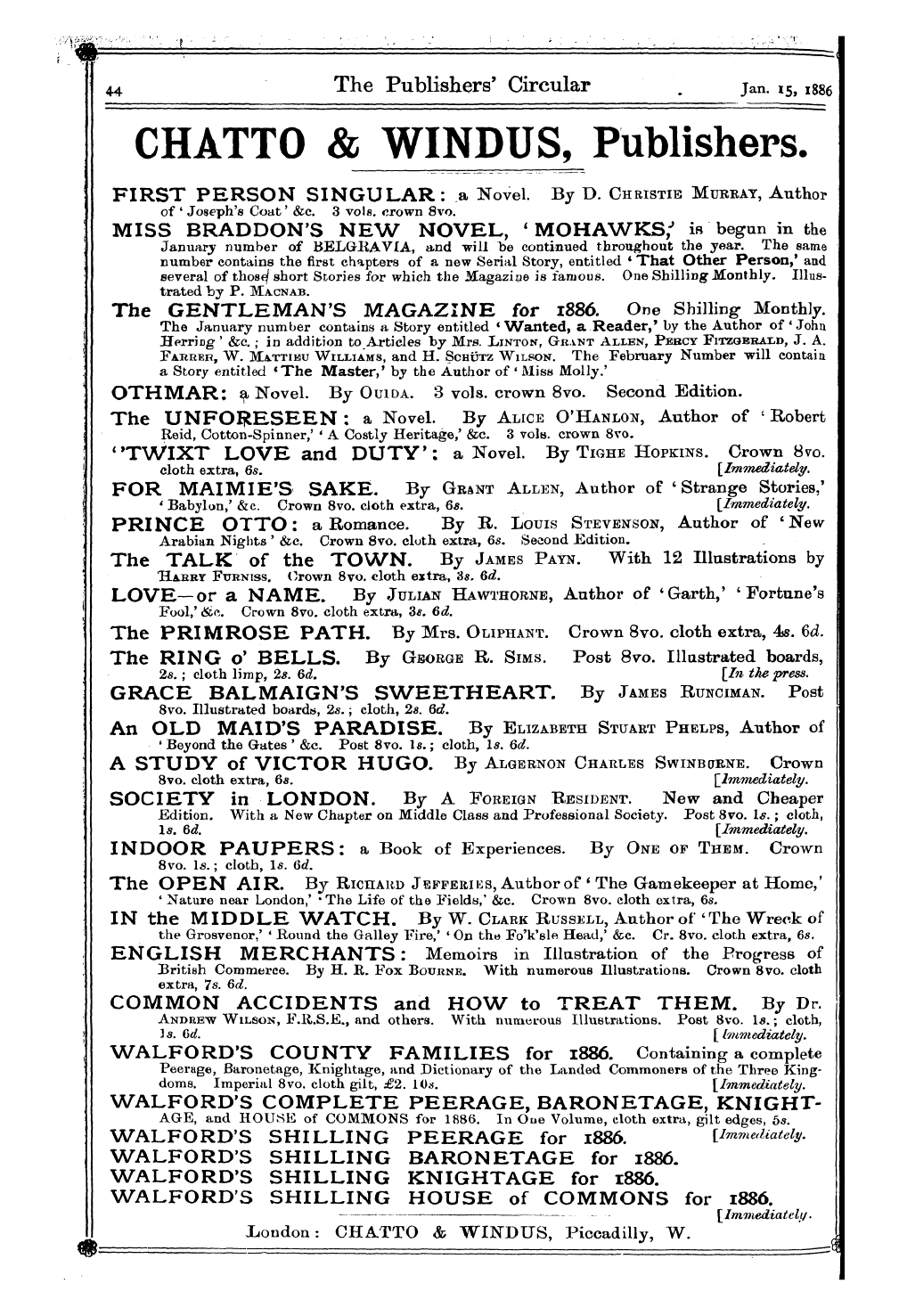 Publishers’ Circular (1880-1890): jS F Y, 1st edition - Ad04601