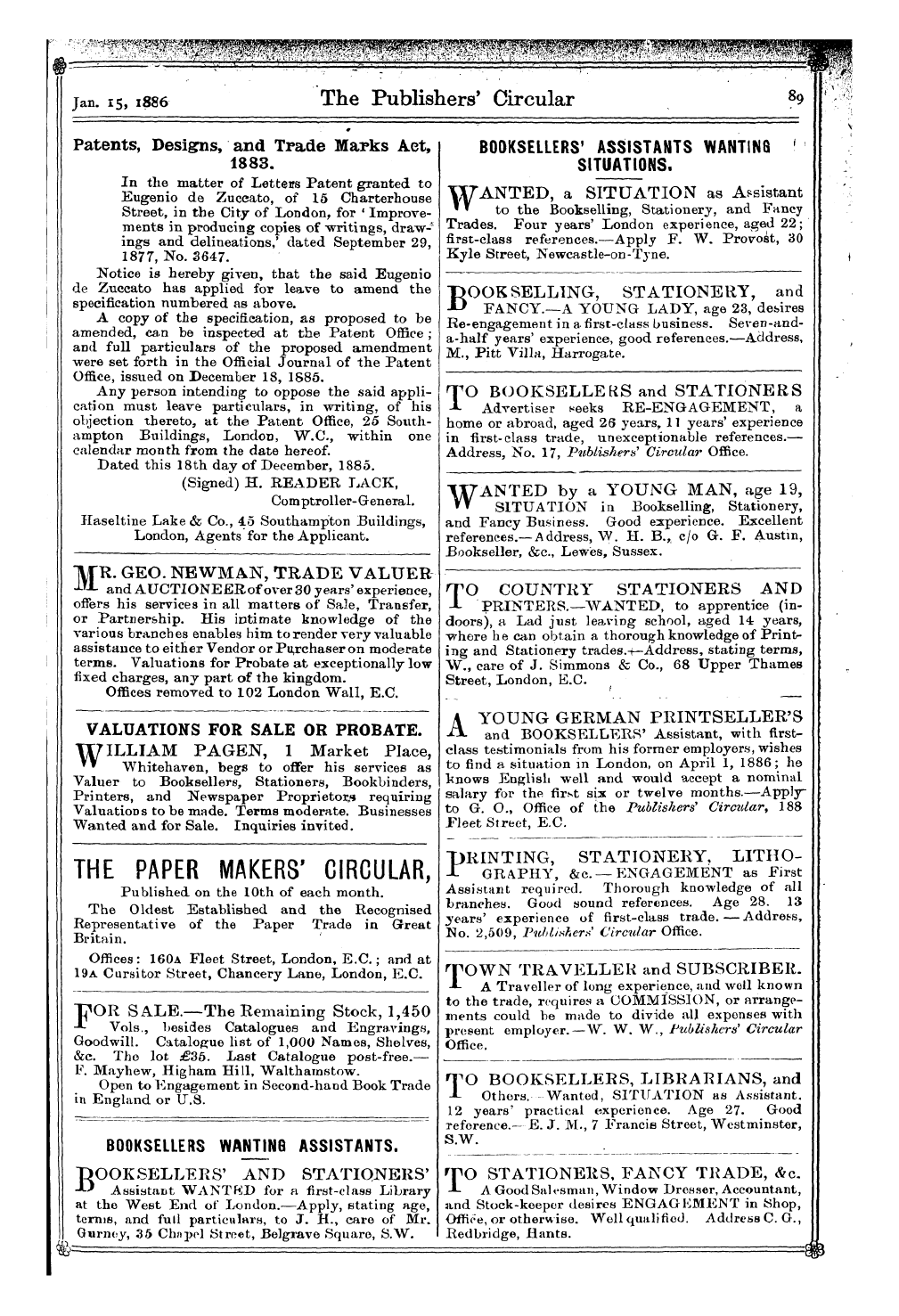 Publishers’ Circular (1880-1890): jS F Y, 1st edition - Booksellers' Assistants Wanting ' Situations. :