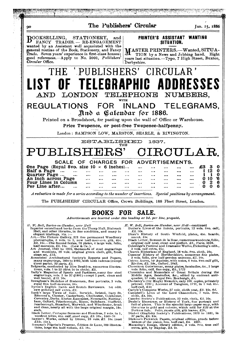 Publishers’ Circular (1880-1890): jS F Y, 1st edition - Ad09206
