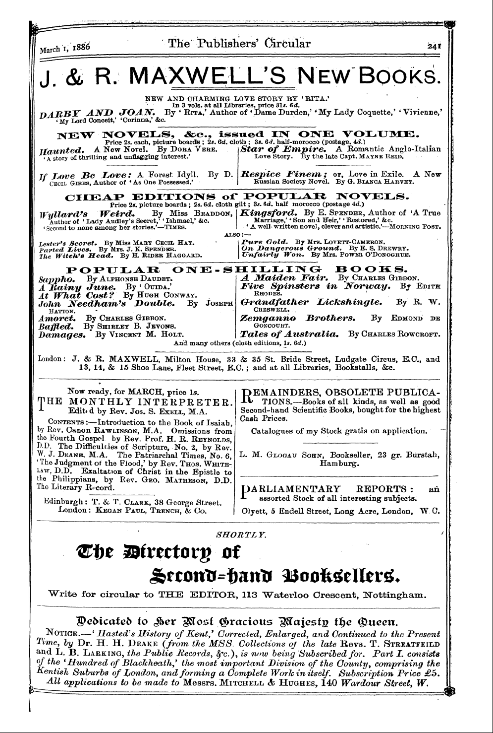 Publishers’ Circular (1880-1890): jS F Y, 1st edition - Ad04702