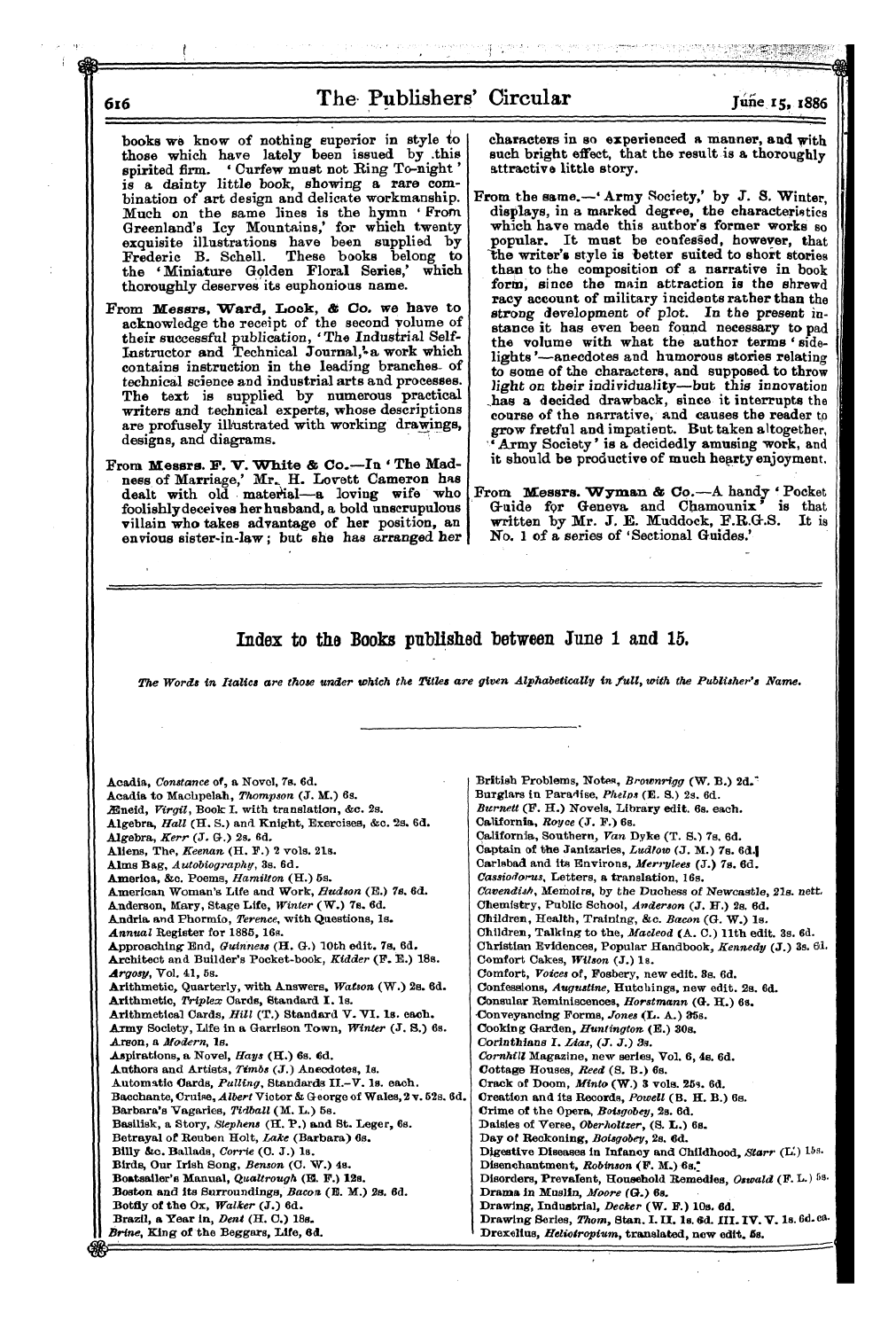 Publishers’ Circular (1880-1890): jS F Y, 1st edition - Index To The Books Published Between June 1 And 15. I The Words In Italics Are Those Under Which The Titles Are Given Alphabetically In Full, With The Publisher's Name, H