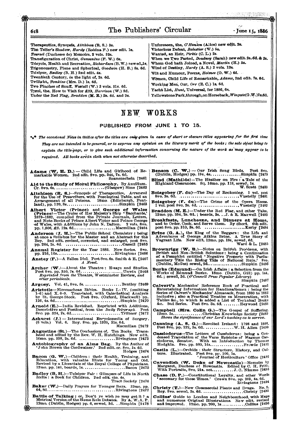 Publishers’ Circular (1880-1890): jS F Y, 1st edition - I Itew Works Published From June 1 To 15.