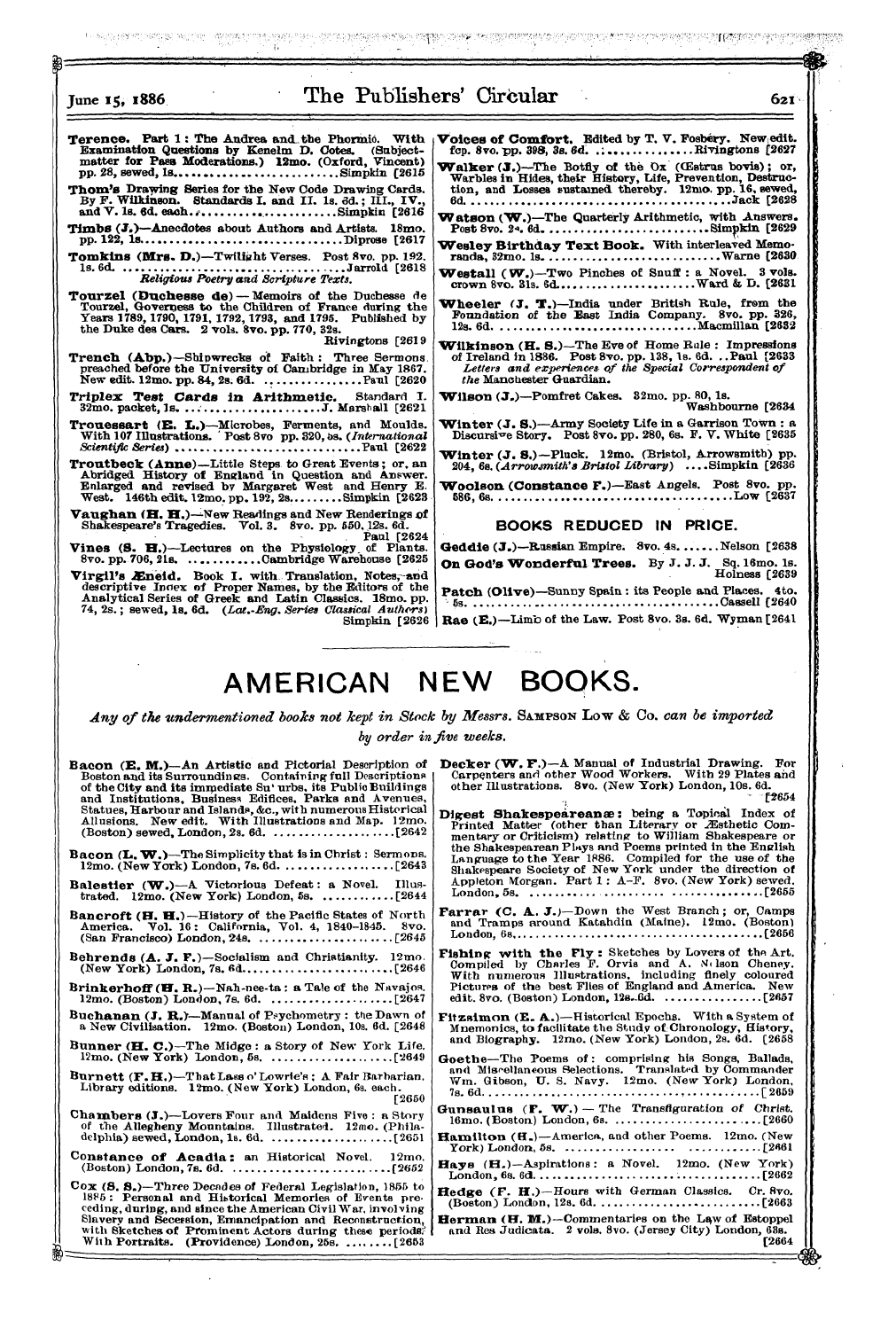 Publishers’ Circular (1880-1890): jS F Y, 1st edition - I June 15,1886 The Publishers' Circular ...