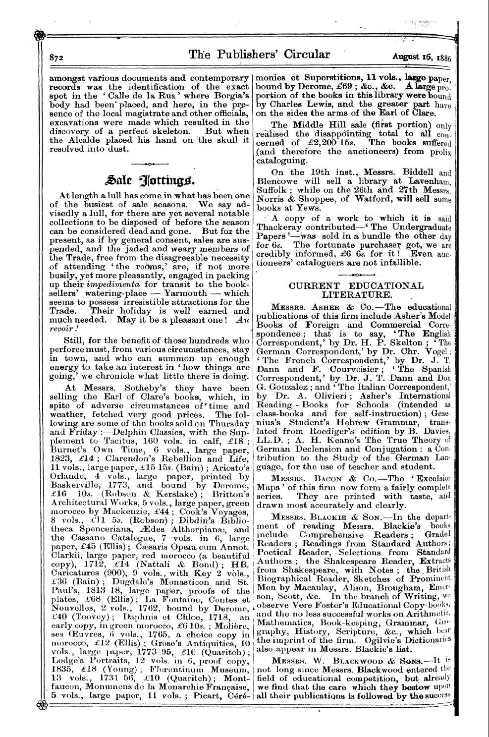 Publishers’ Circular (1880-1890): jS F Y, 1st edition - Continental L^Otejf *