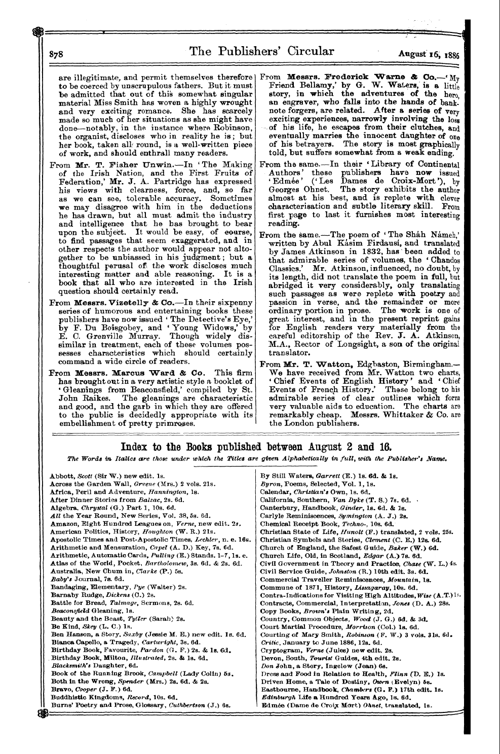 Publishers’ Circular (1880-1890): jS F Y, 1st edition - 878 The Publishers' Circular August 16,1...