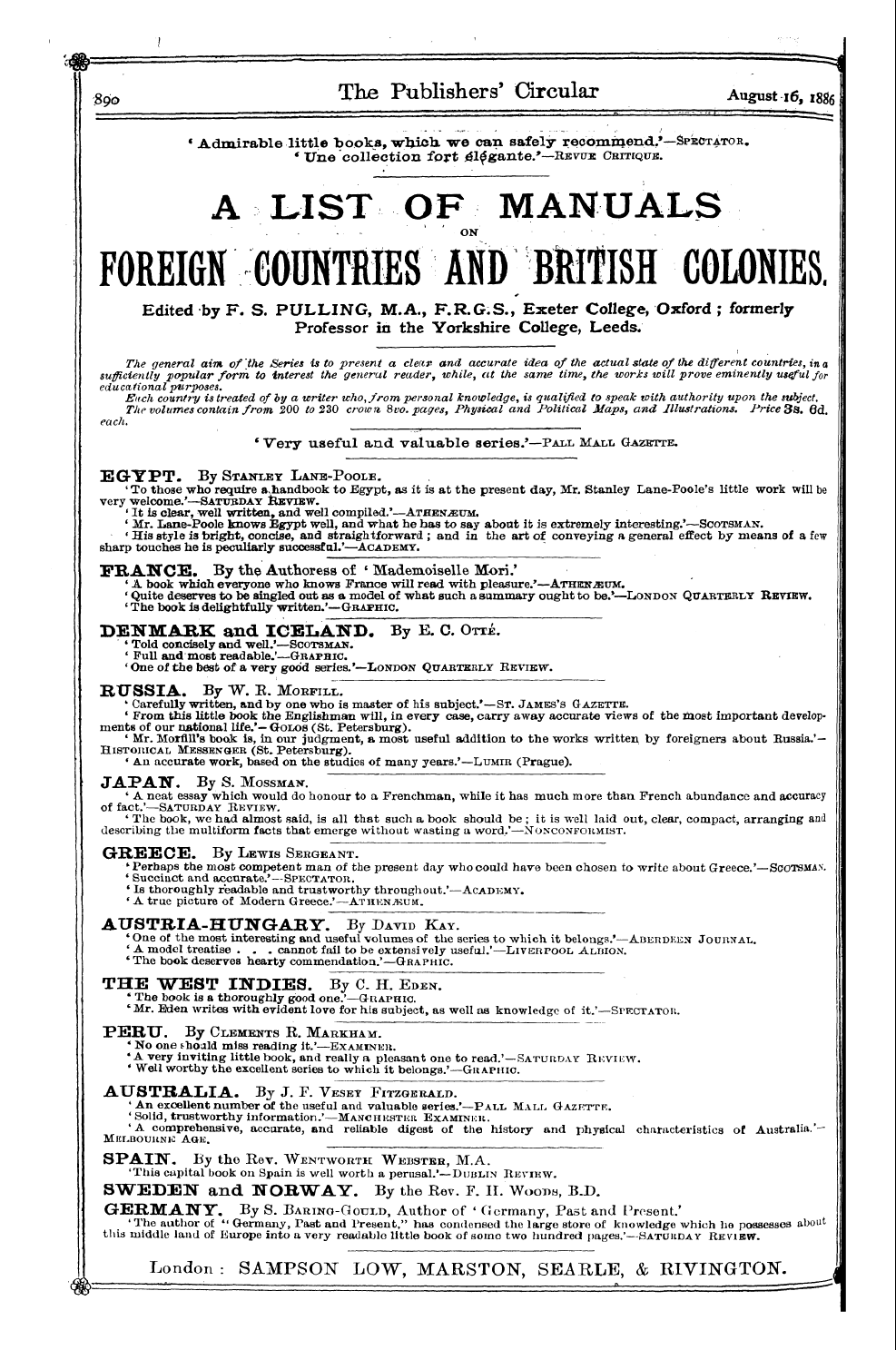 Publishers’ Circular (1880-1890): jS F Y, 1st edition - Ad02801