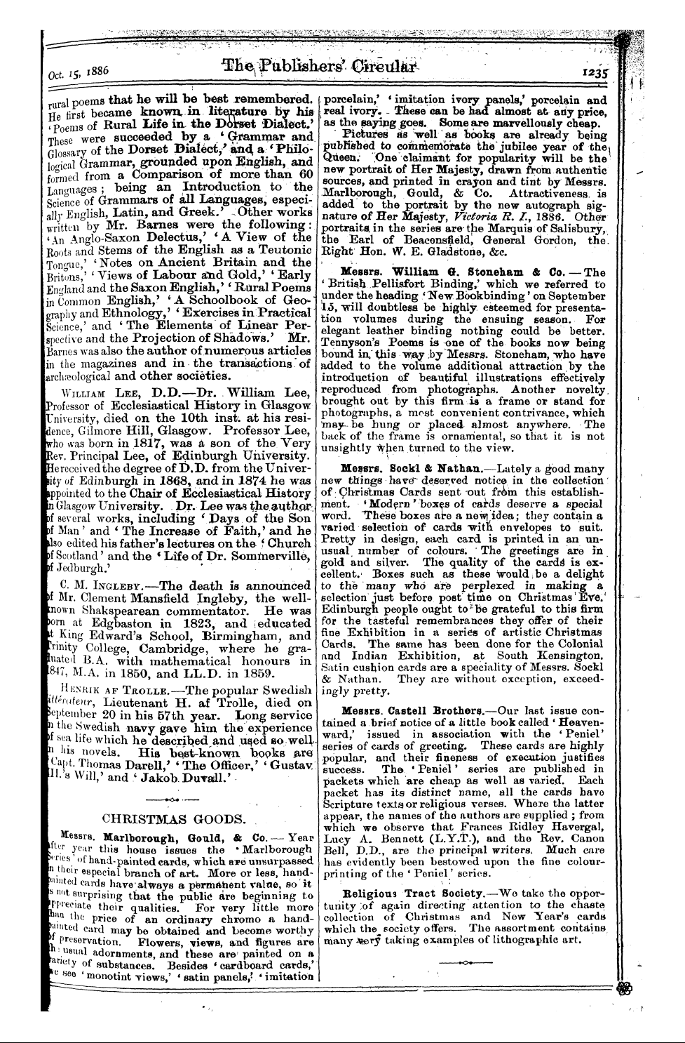 Publishers’ Circular (1880-1890): jS F Y, 1st edition - I5( L886 Me ^F Abl Lsker^ ^Ma^ : ^Wl