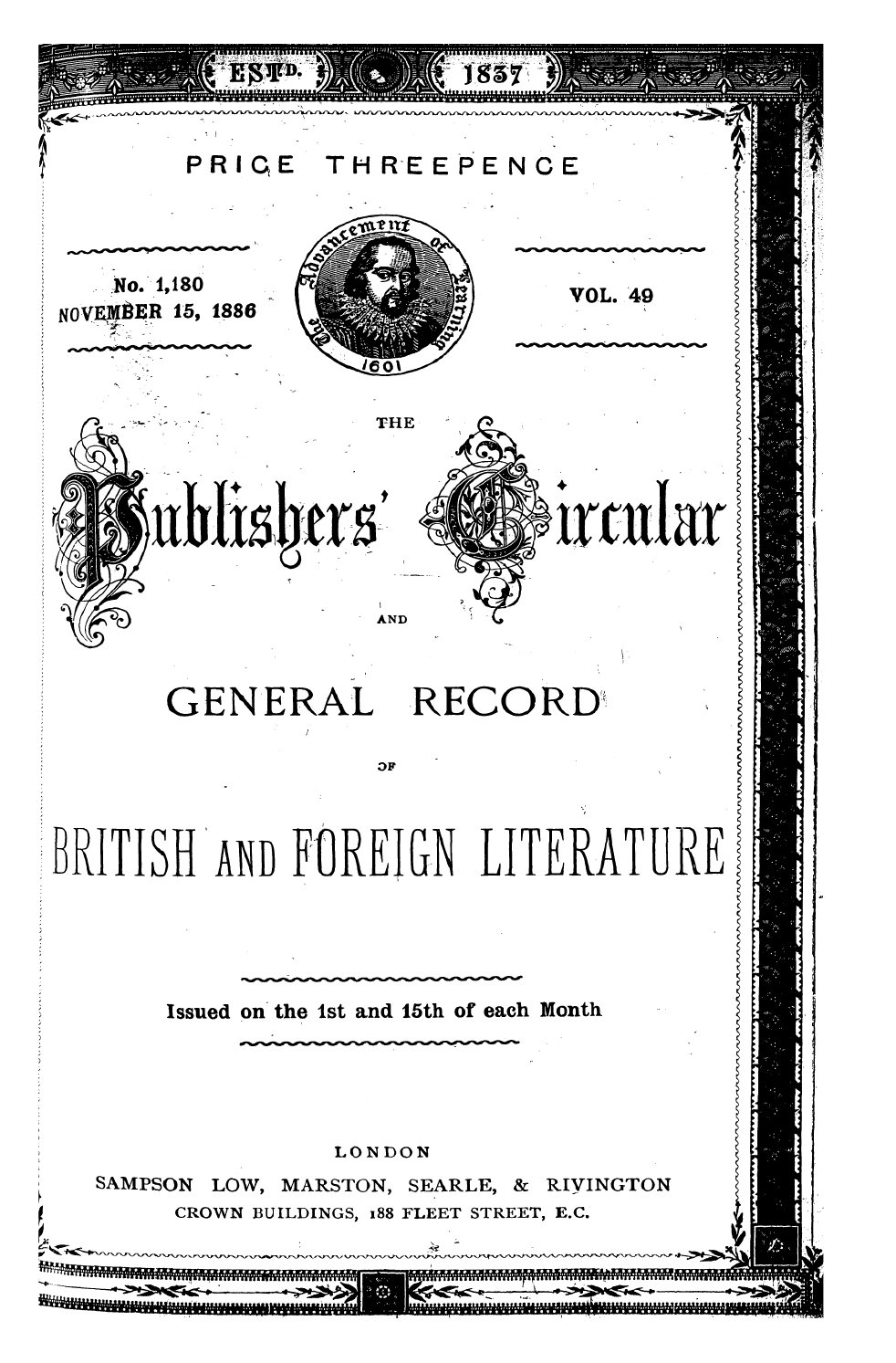 Publishers’ Circular (1880-1890): jS F Y, 1st edition - F ¦ Priqe Threepence ' Fh . He