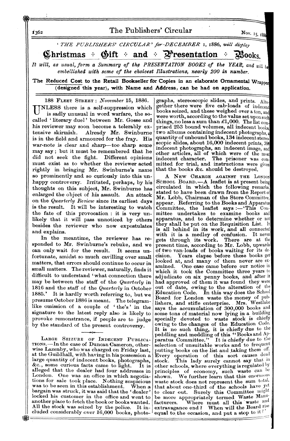 Publishers’ Circular (1880-1890): jS F Y, 1st edition - Large Seizure Of Indecent Publicaat Tion...