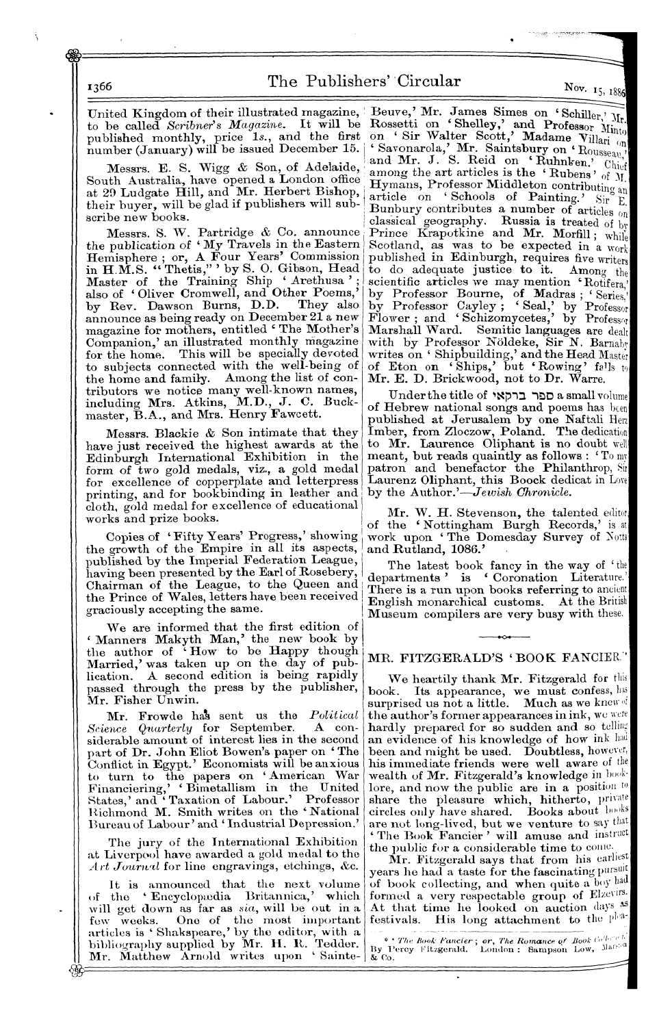 Publishers’ Circular (1880-1890): jS F Y, 1st edition - Ar00800