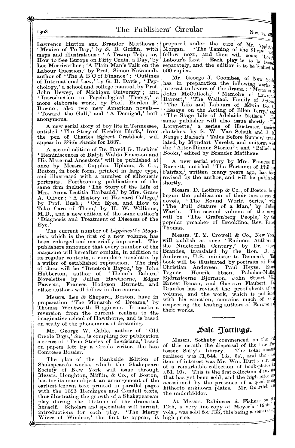 Publishers’ Circular (1880-1890): jS F Y, 1st edition - ^Alc Slotting^.