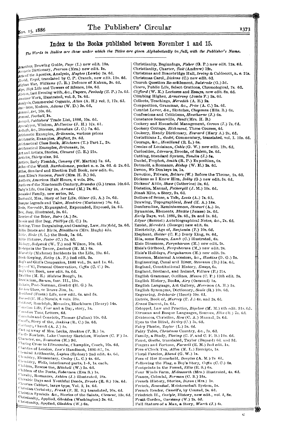 Publishers’ Circular (1880-1890): jS F Y, 1st edition - Index To The Books Published Between November 1 And 15. Th Words In Italics Are Those Under Which The Titles Are Given Alphabetically In Full, With The Publisher's Name,