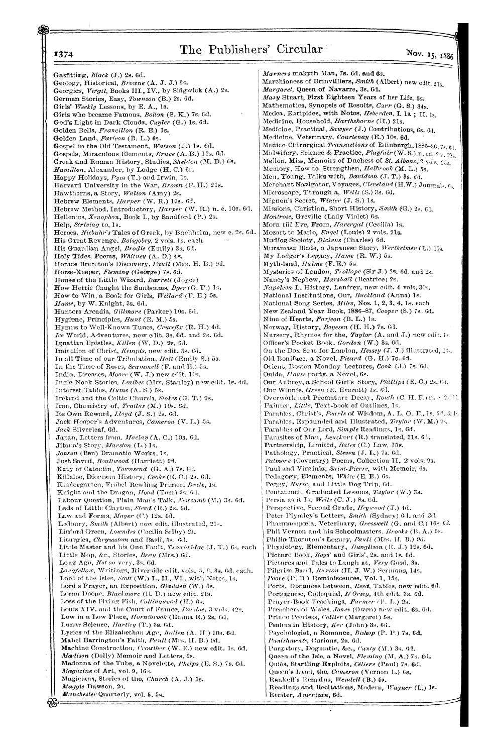 Publishers’ Circular (1880-1890): jS F Y, 1st edition - ¦: I374 The Publisliers' Circular Nov I ...