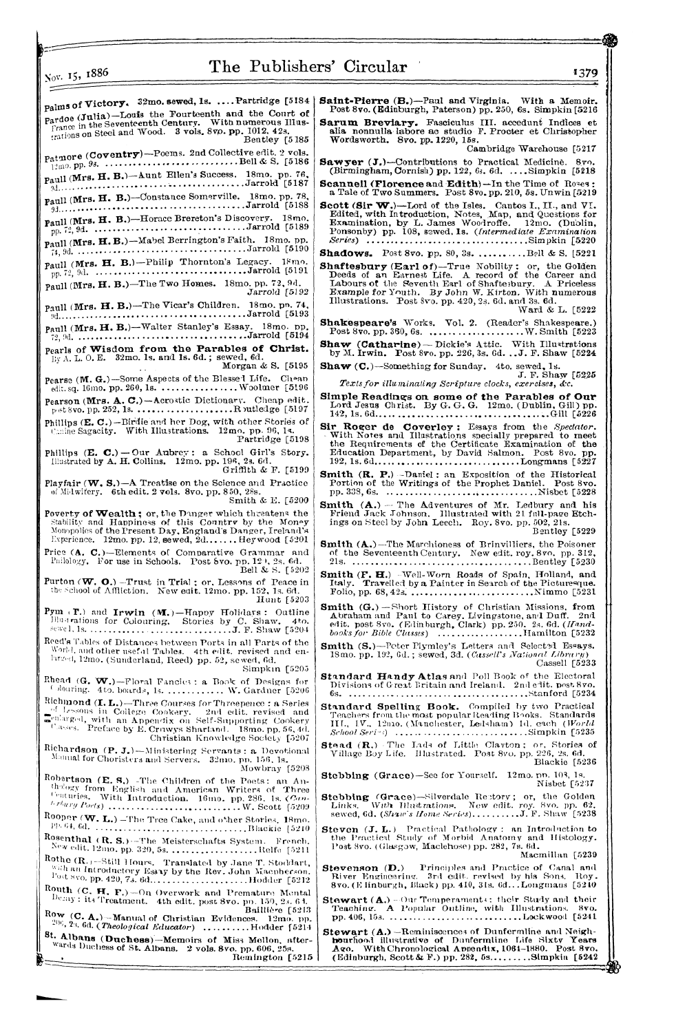 Publishers’ Circular (1880-1890): jS F Y, 1st edition - Nov. I5> ™* No B . The Publishers' Circu...