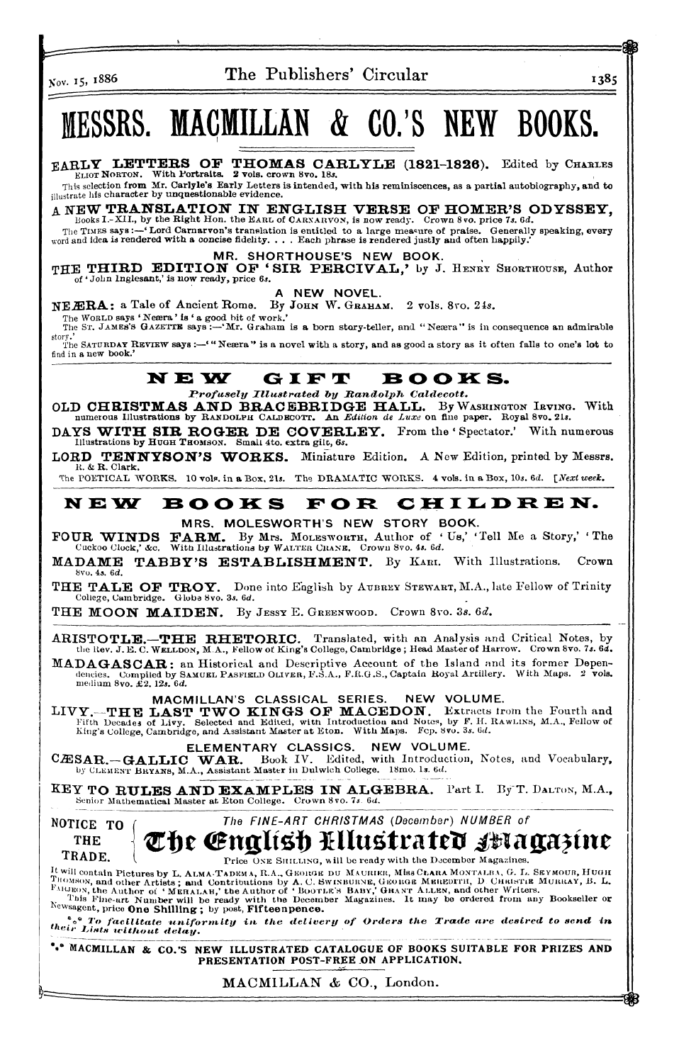 Publishers’ Circular (1880-1890): jS F Y, 1st edition - Kov. 15,1886 The Publishers' Circular I3...