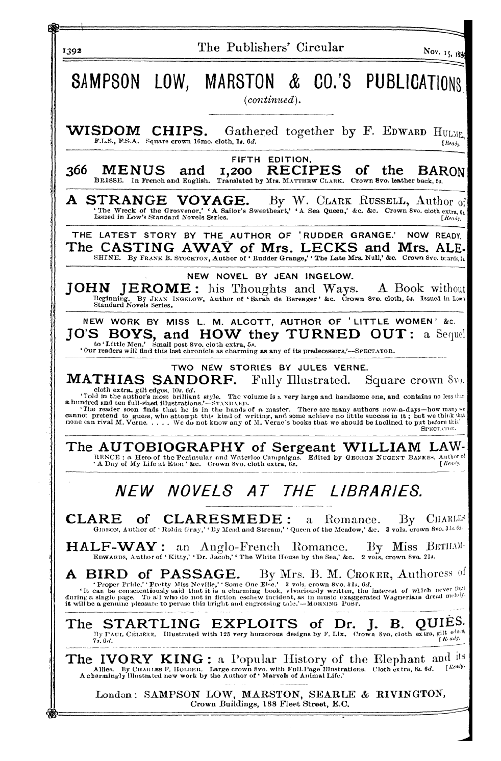 Publishers’ Circular (1880-1890): jS F Y, 1st edition - Ad03201