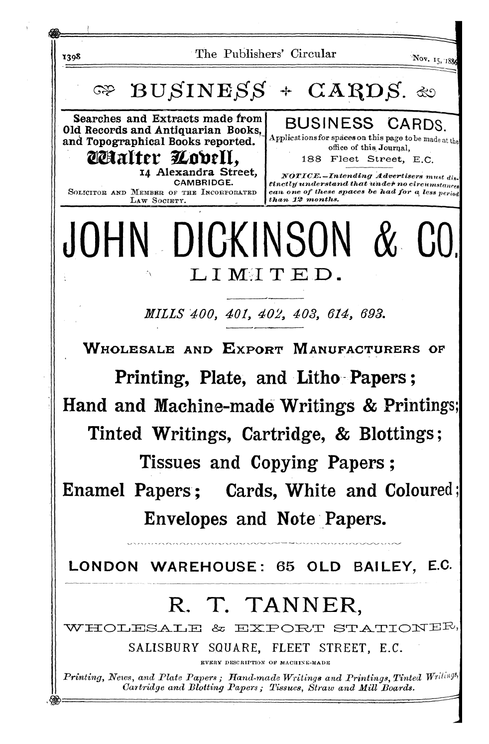 Publishers’ Circular (1880-1890): jS F Y, 1st edition - *39s The Publishers' Circular Nov I 1