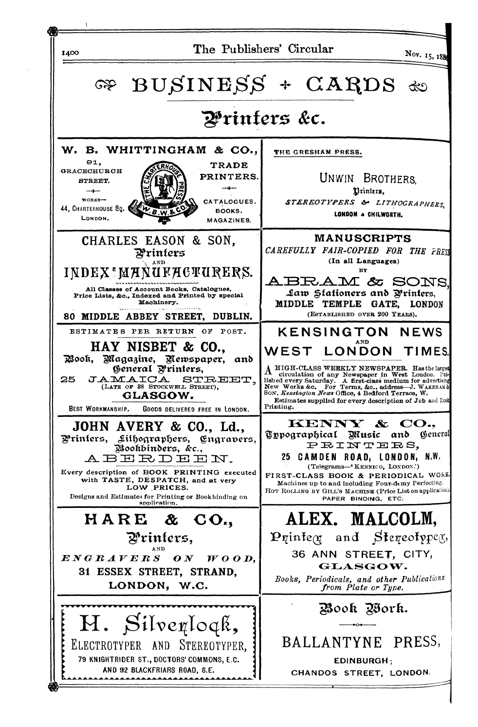 Publishers’ Circular (1880-1890): jS F Y, 1st edition - Ad04204