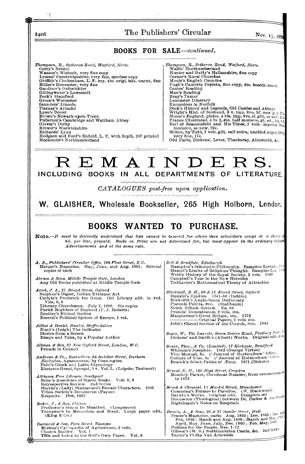 Publishers’ Circular (1880-1890): jS F Y, 1st edition - Ad04804