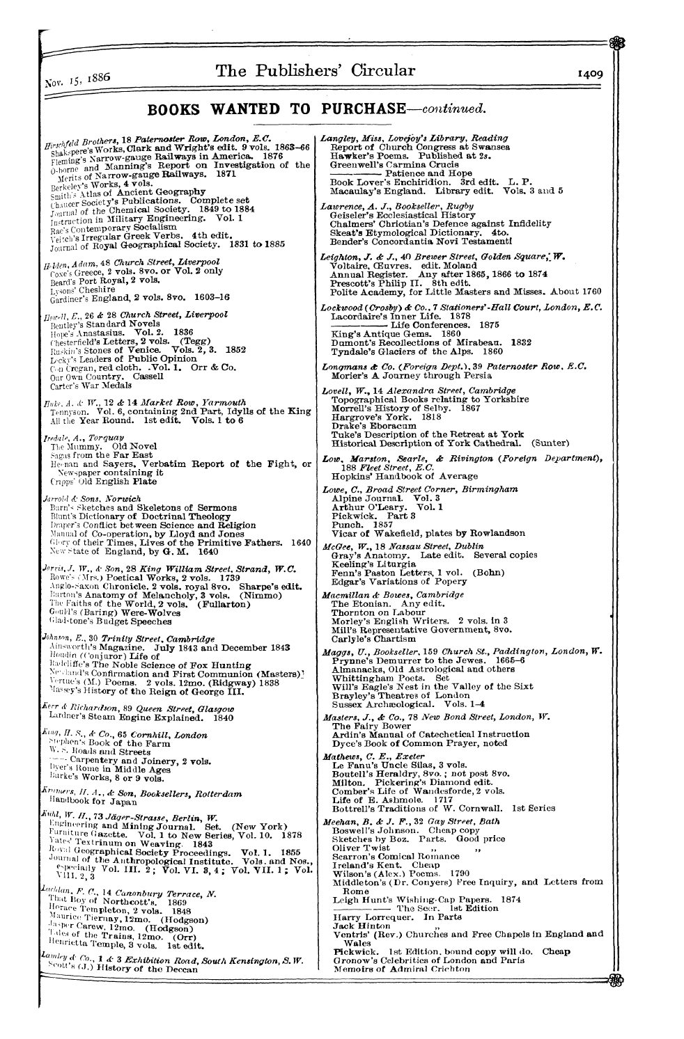 Publishers’ Circular (1880-1890): jS F Y, 1st edition - Qof- The Publishers' Circular 1409